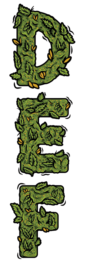 DEF letters illustrated in marijuana leaves