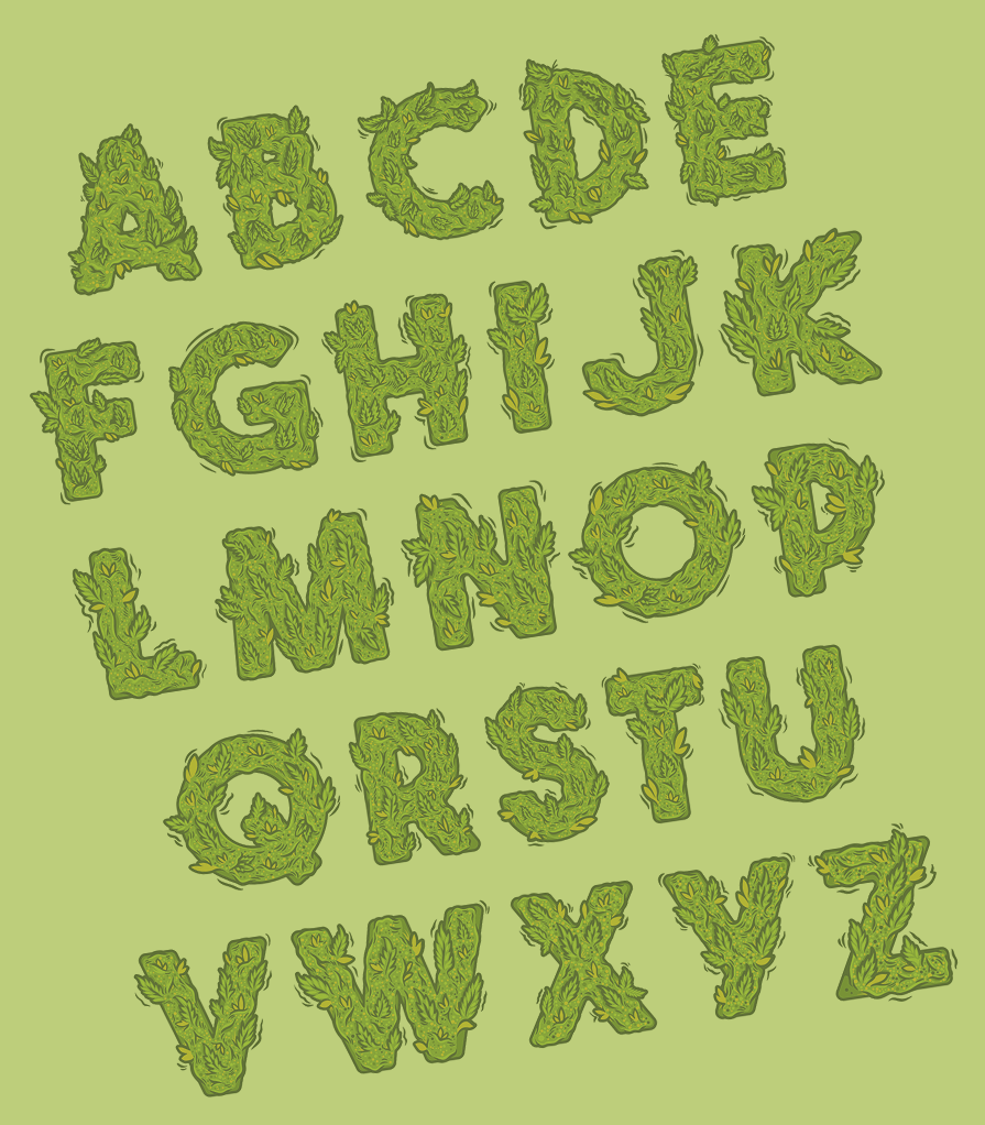 Alphabet letters illustrated in marijuana leaves