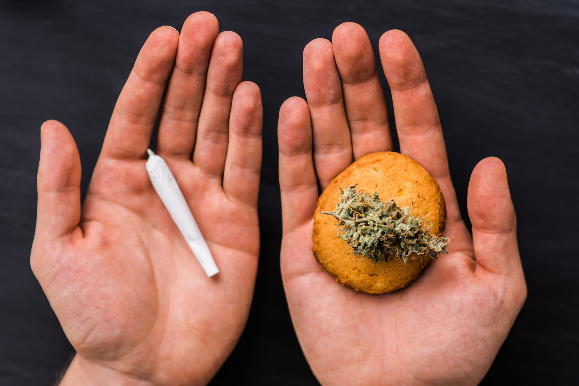 Cookies with cannabis and joint in hands, the concept of choosing the use of marijuana smoking or eating