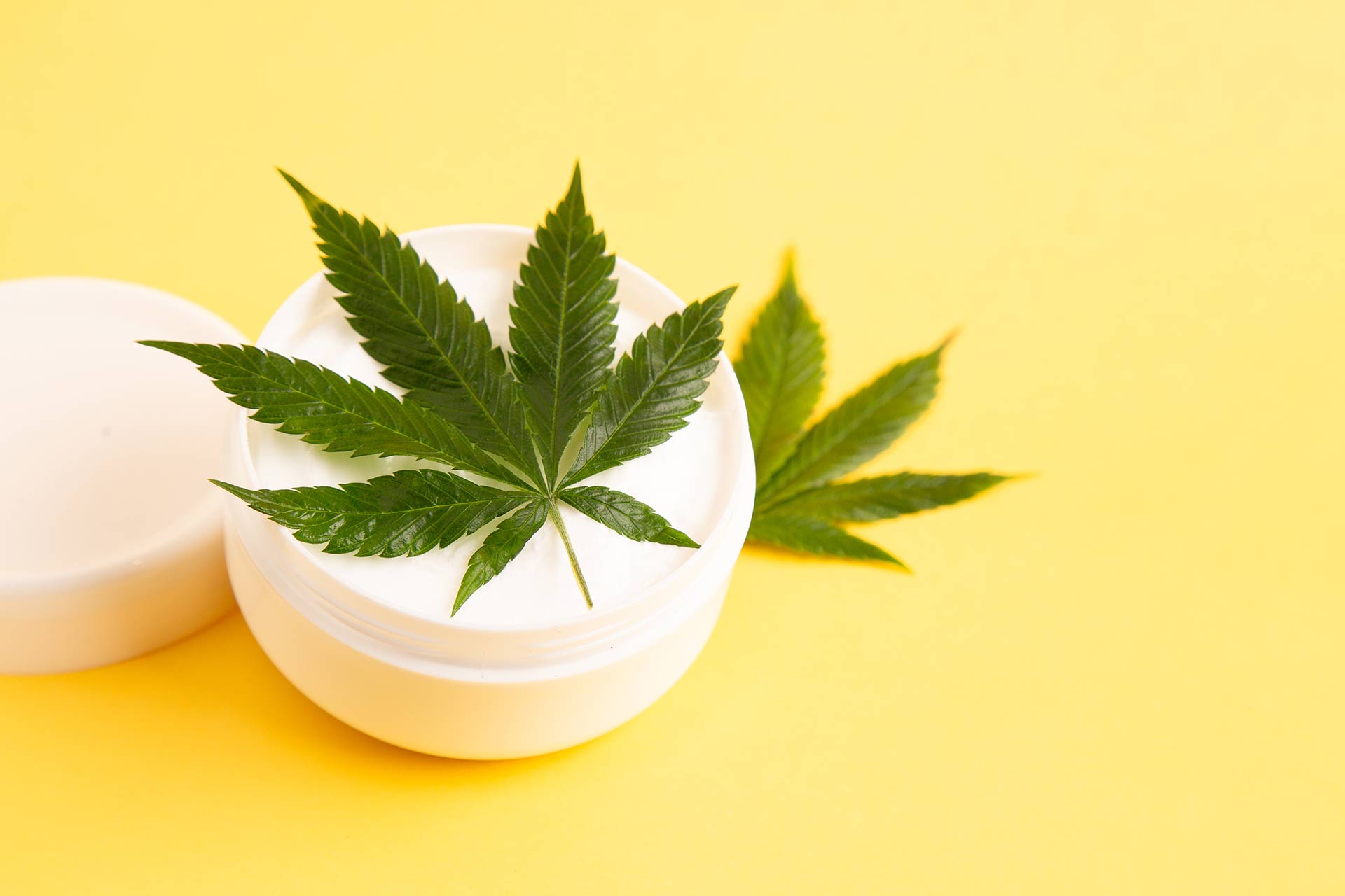 Cannabis Leaf over THC Topical lotion jar on yellow background